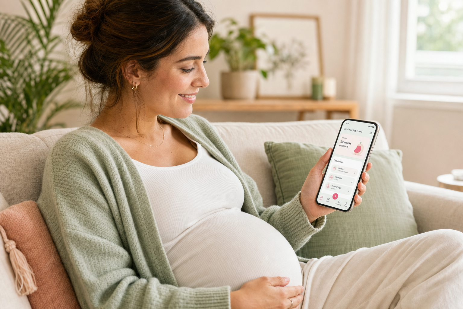 Zwangere vrouw bekijkt de Zwanger! app op haar telefoon