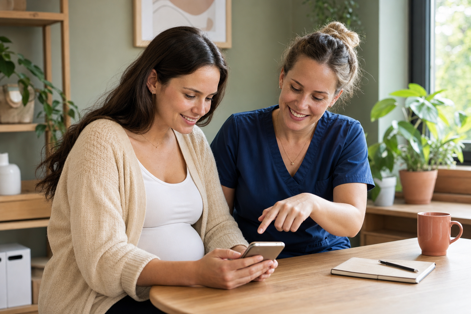 Zwangere en verloskundige bekijken samen de app