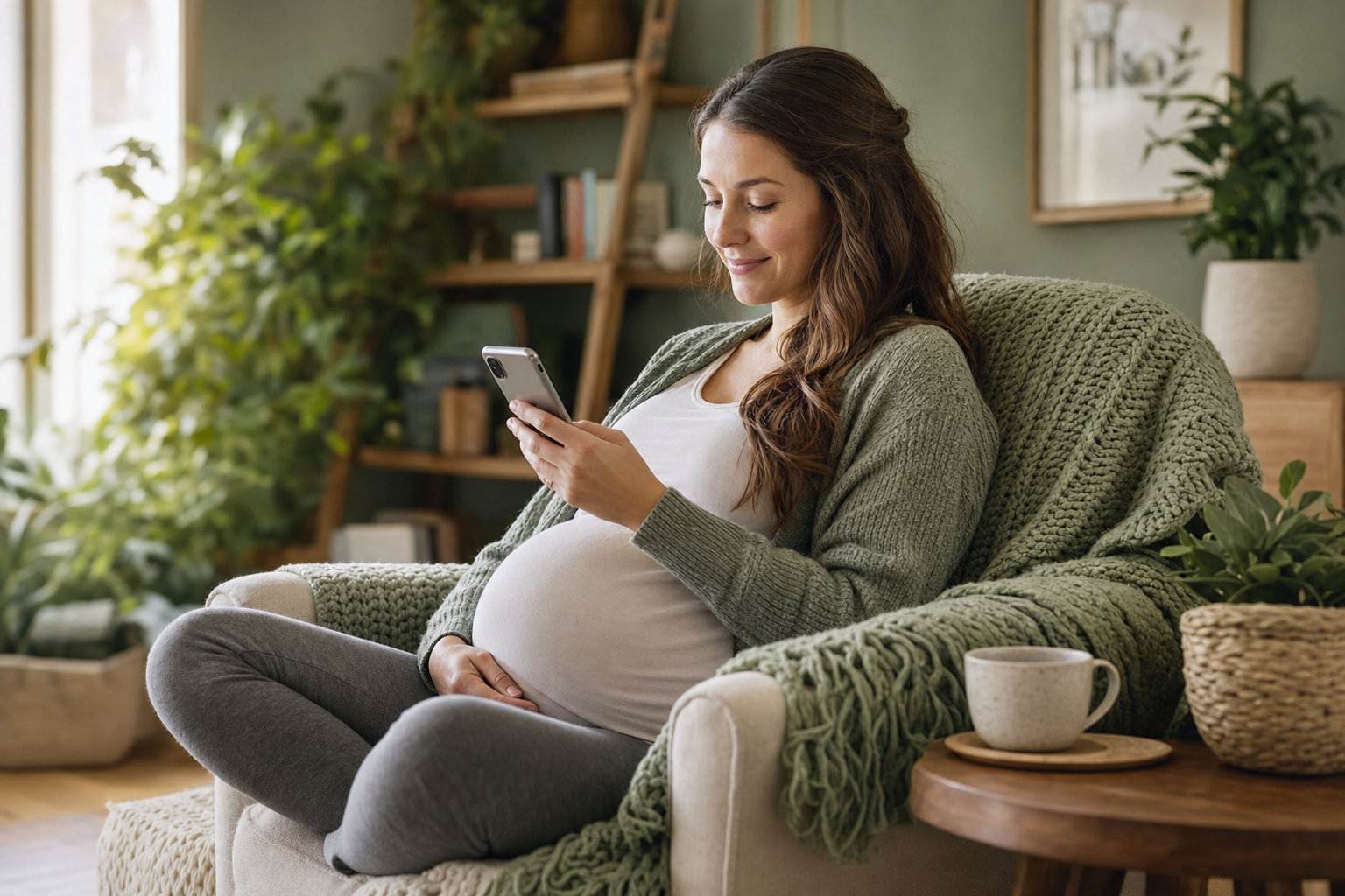 Zwangere vrouw leest antwoorden op haar telefoon